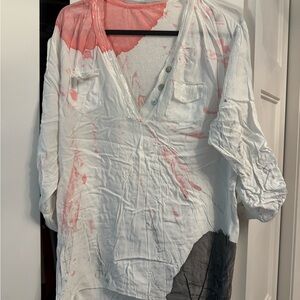 Karma Pink and White Asymmetrical 3/4 Sleeve Blouse